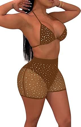 Amazon Avanova Bikini Sets For Women High Waisted Bathing Suit Mesh Halter Sparkle Piece