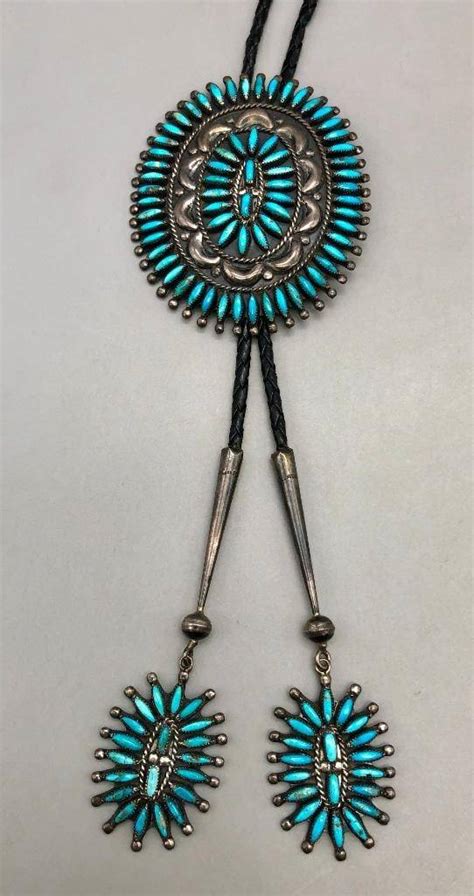 Wonderful Vintage Needlepoint Cluster Turquoise Bolo Tie By Francis M