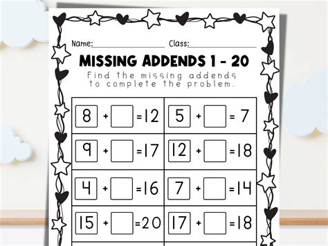 25 Printable Missing Addends 1 20 Practice Worksheet Math Numbers