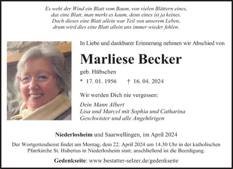 Traueranzeigen Von Marliese Becker Saarbruecker Zeitung Trauer De