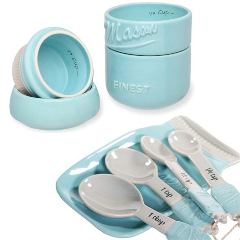 Mason Jar Utensil Set Kitchen Measuring Cups Spoon Rest Blue Rustic