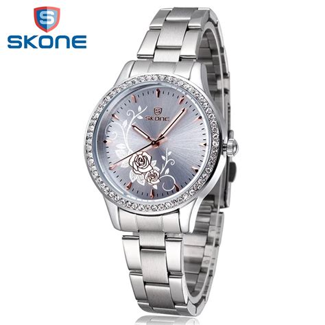 Skone Women Watches Luxury Flower Stainless Steel Wristwatch Lady ...