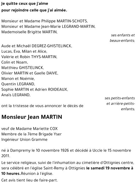 Avis De Décès De Jean Martin Décédé Le 15112011 à Ukkel Annonce