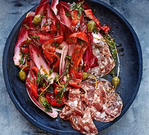 Roasted Red Pepper And Chicory Recipe With Caper Berries and Salami | olivemagazine