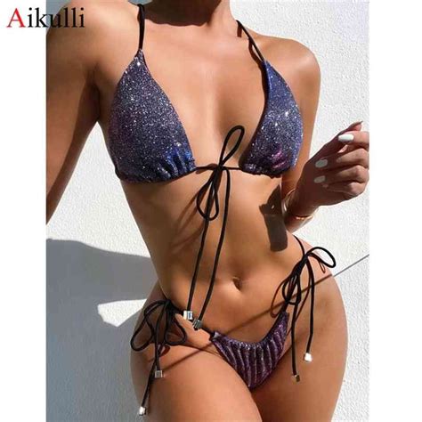 Bikini Brillante Para Mujer Traje De Baño Sexy Triangular Traje De