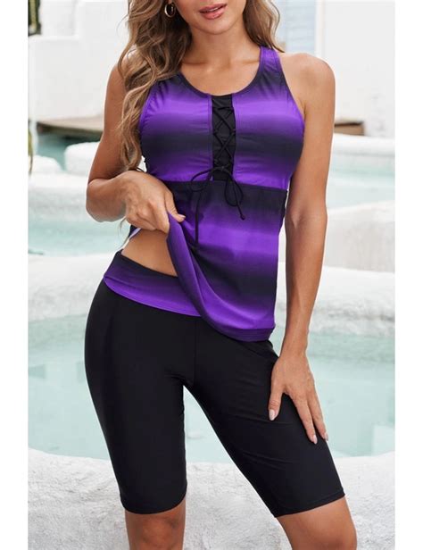 Purple Black Ombre Print Racerback Tankini Swimsuit Crossroads