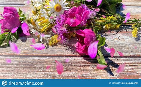 Wild Meadow Flowers Pink Lilac Yellow White On Wooden Bench At Sea Beach Nature Landscape