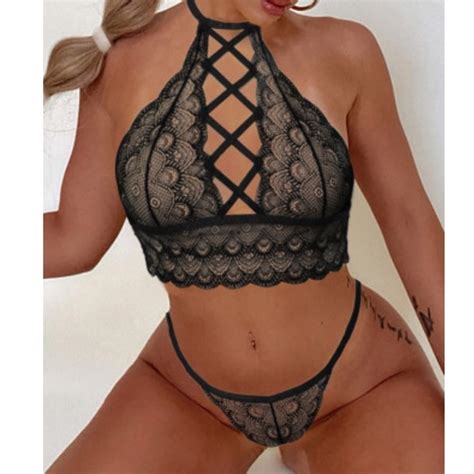 Intimates Sleepwear Halter High Neck Lingerie Bra Panty Set Open Back Lace Up Poshmark