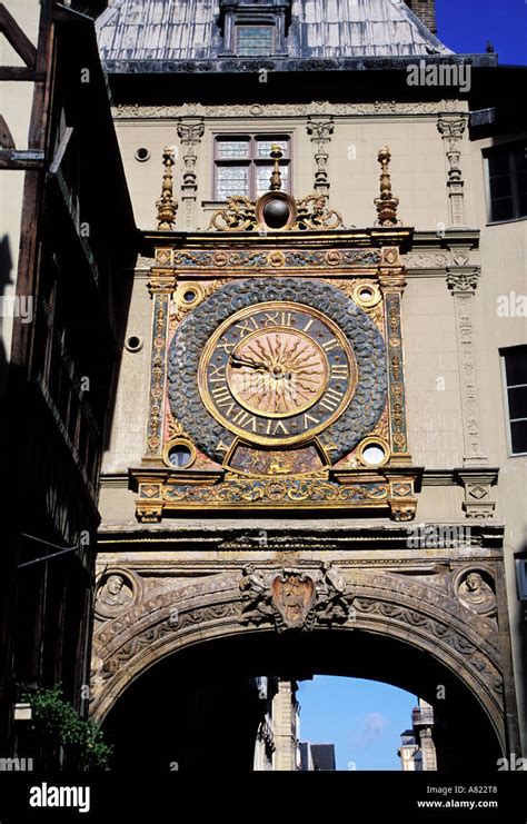 France Seine Maritime Rouen Clock In The Gros Horloge Street Stock