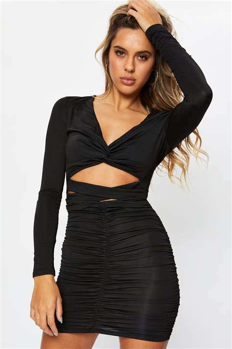 Womens Black Twist Front Ruched Bodycon Dress Ally Fashion