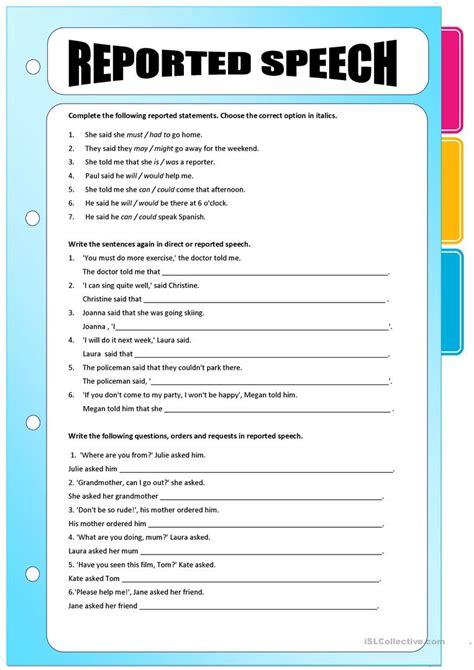 Reported Speech Exercises English Esl Worksheets For Distance