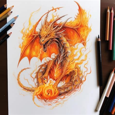 Premium Photo | Drawing of a dragon with fire and flames on a paper ...