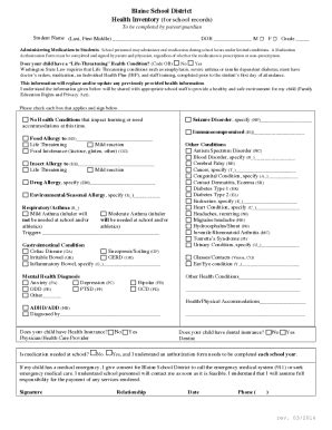 Fillable Online Fsd Health Inventory Form Fax Email Print Pdffiller