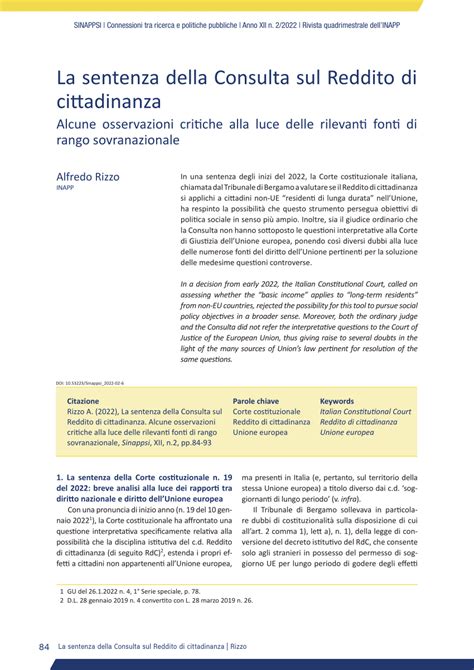 Pdf La Sentenza Della Consulta Sul Reddito Di Cittadinanza Alcune