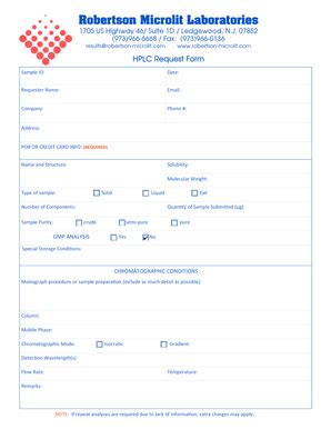 Fillable Online HPLC Analysis Request Form Robertson Microlit