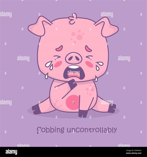 Unhappy sobbing pig with tears. Vector illustration. Card with funny cartoon animal character ...