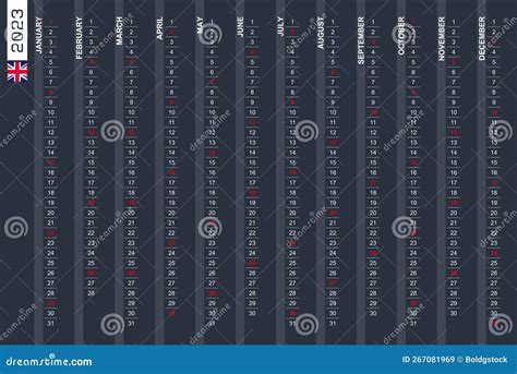 One Row Vertical Calendar For The Year 2023 In English English