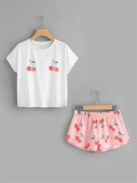 Shein Cherry Print Tee And Shorts Set Cute Sleepwear Pajama Outfits