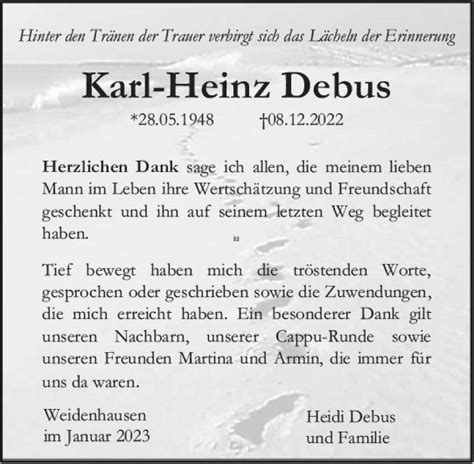 Traueranzeigen Von Karl Heinz Debus Vrm Trauer De