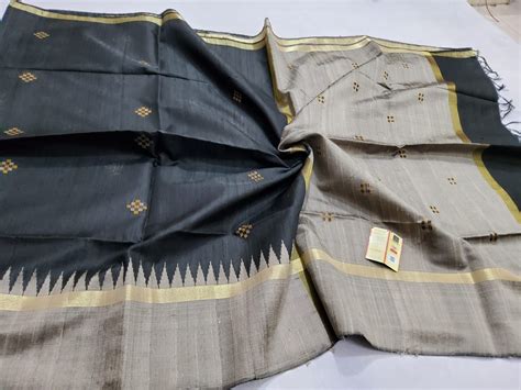 Pure Raw Dupion Silk Sapta Butti Body Both Side Contrast Temple Border