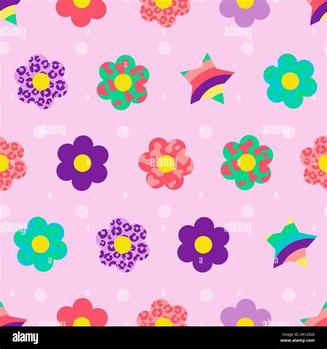 Cool Groovy Flower Seamless Pattern Y2k Style Trendy Funky Background