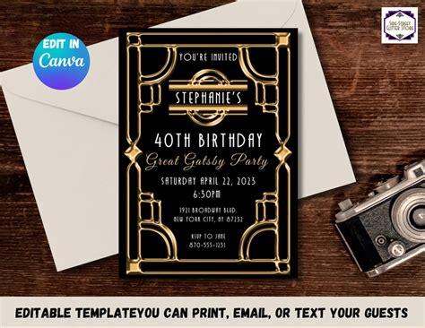 Roaring 20's Party Invitation Editable Digital 5x7 Invite for Gatsby ...