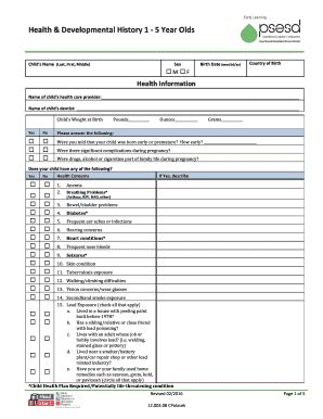 Fillable Online Earlylearningwa Health Developmental History