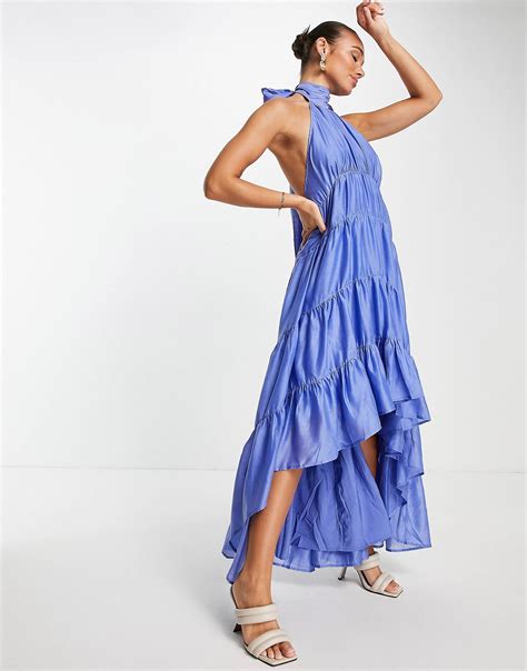 Синее ярусное платье макси из вуали с завязками на спине ASOS DESIGN ...