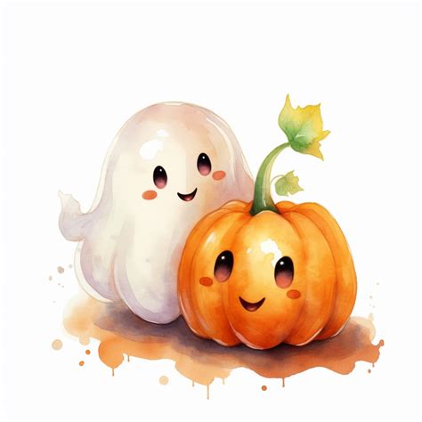 Vector Watercolor Cute Halloween Pumpkins With Cute Face With A Ghost