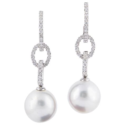 South Sea Pearl Diamond Hoop Drop Earrings 0 81 Carat 18 Karat White