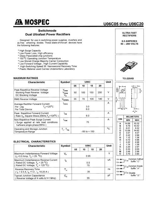 U06c15 Mospec Semiconductor Rectifiers 6 0a 50 200v Hoja De Datos