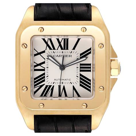 Cartier Santos 100 Xl 18k Yellow Gold Black Strap Mens Watch W20071y1