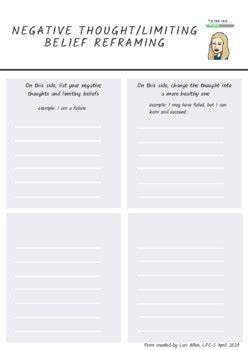 Negative Thought Reframing Worksheet By Counseling Resource Shop