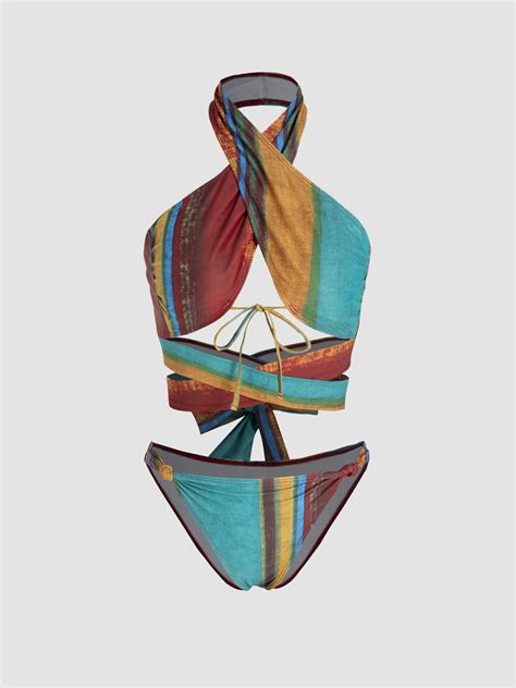 Halter Color Stripe Criss Cross Cheeky Bikini Set For Vacation Swimming Pool Beach
