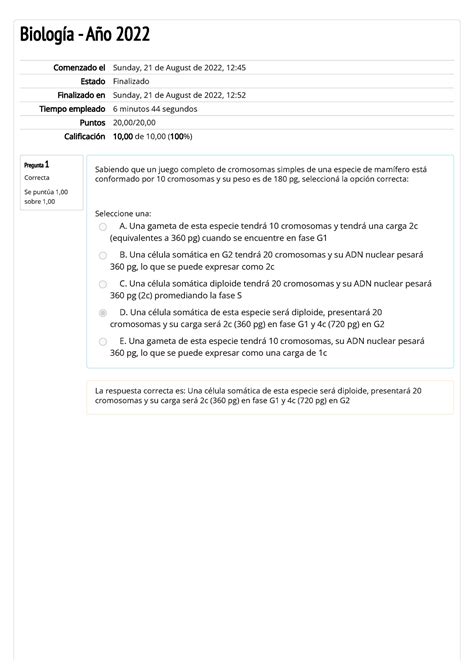 Biologia Autoevaluaci N Tp Pregunta Correcta Se Punt A Sobre