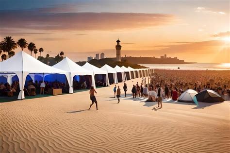 Un Grupo De Personas Camina Sobre La Arena Al Atardecer Foto Premium