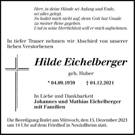 Traueranzeigen Von Hilde Eichelberger Trauerportal Ihrer Tageszeitung