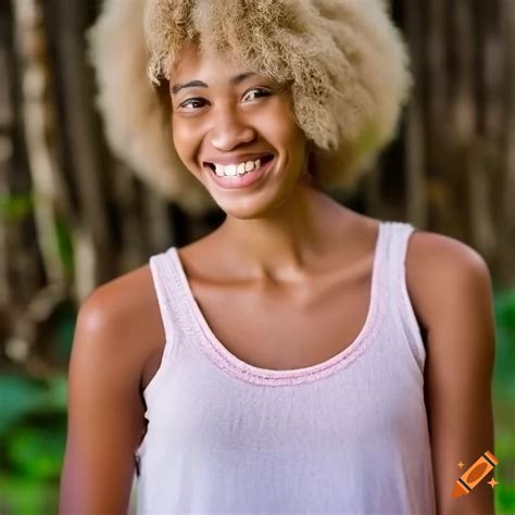 Smiling Tahitian Woman With Blonde Afro Hair In A T Shirt On Craiyon