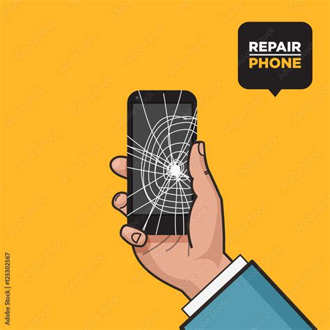 Smartphone with a cracked screen in a man's hand. Broken phone. Crack on screen. Vector ...