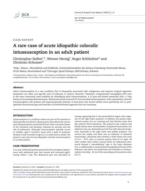 Pdf A Rare Case Of Acute Idiopathic Colocolic Intussusception In An