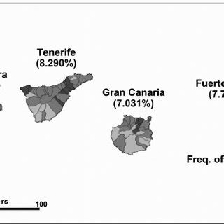 Frequency of Portuguese surnames per island (between parentheses) and ...