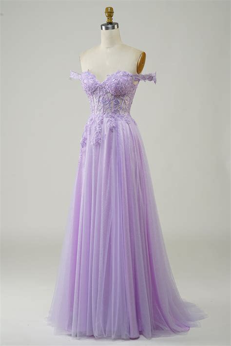 Queendancer Women Purple Corset A Line Long Tulle Prom Dress With Lace Off The Shoulder Formal