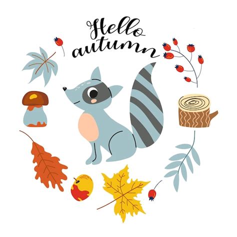 Premium Vector Hello Autumn Cartoon Raccoon Hand Drawing Lettering