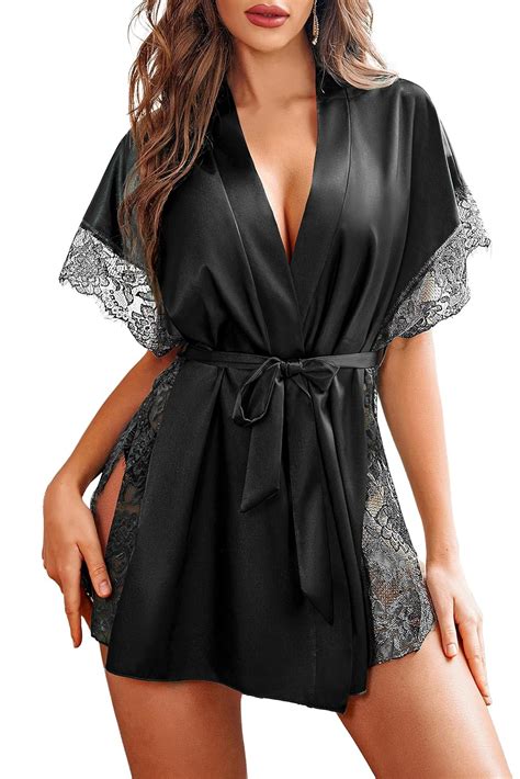 Buy Guso Shopee Lingerie For Women Satin Sleeping Robe Eyelash Lace Kimono Side Split Sexy Silk