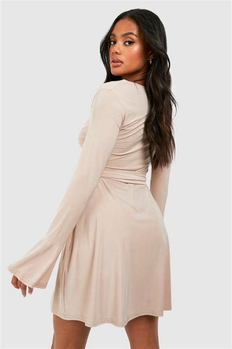 Dresses Slinky Cowl Neck Flared Sleeve Belted Skater Dress Boohoo