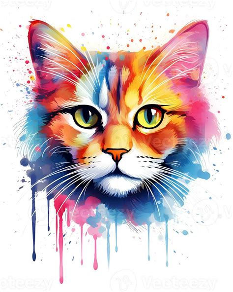 Watercolor painting Colorful Cat Face is shown White Background ...