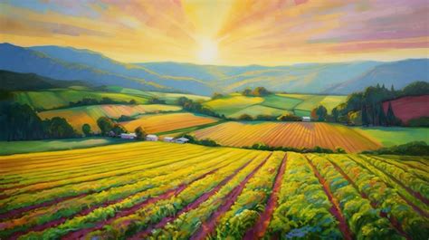 Premium AI Image | Picturesque Farming Farmland Sunset Oil Painting ...