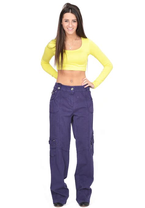 New Womens Purple Baggy Loose Cargo Pants Wide Boyfriend Combat