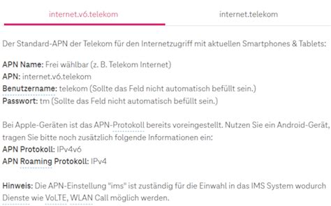 Telekom APN Einstellungen für mobiles Internet