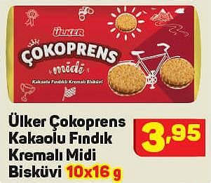 Ülker Çokoprens Kakaolu Fındık Kremalı Midi Bisküvi 10x16 g İndirimde